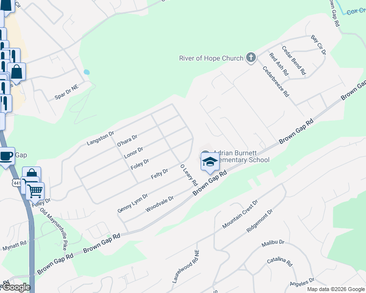 map of restaurants, bars, coffee shops, grocery stores, and more near 4405 Foley Drive in Knoxville