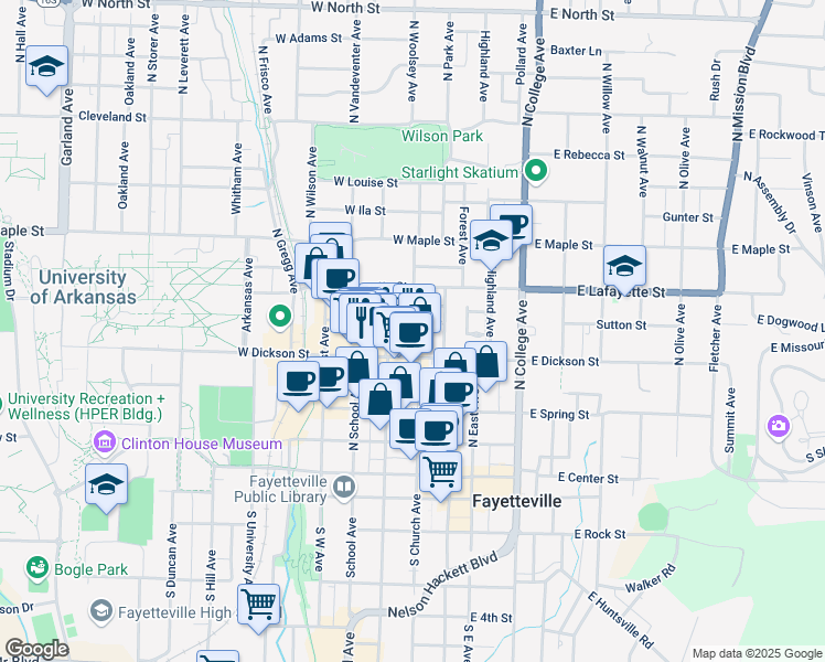 map of restaurants, bars, coffee shops, grocery stores, and more near in Fayetteville