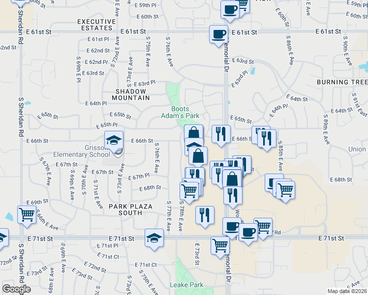 map of restaurants, bars, coffee shops, grocery stores, and more near 6613 South 78th East Avenue in Tulsa