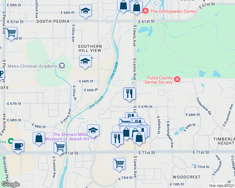 map of restaurants, bars, coffee shops, grocery stores, and more near 6620 South Zunis Avenue in Tulsa