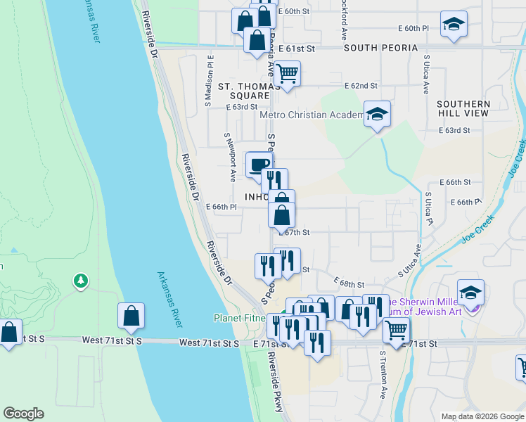 map of restaurants, bars, coffee shops, grocery stores, and more near 6622 South Peoria Avenue in Tulsa