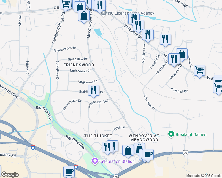 map of restaurants, bars, coffee shops, grocery stores, and more near 1 Meadowood Glen Way in Greensboro
