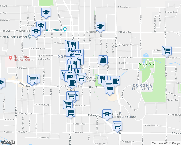 map of restaurants, bars, coffee shops, grocery stores, and more near 110 North 4th Street in Porterville