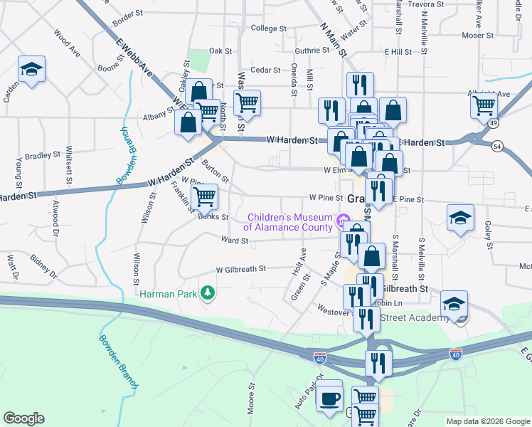 map of restaurants, bars, coffee shops, grocery stores, and more near 412 East Pine Street in Graham