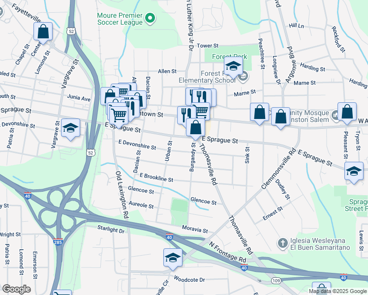 map of restaurants, bars, coffee shops, grocery stores, and more near 829 East Devonshire Street in Winston Salem