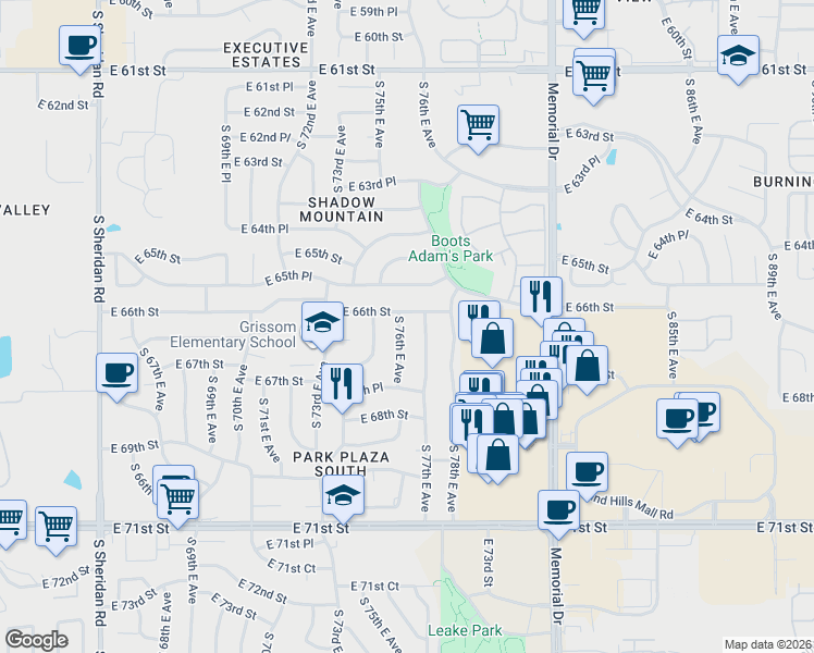map of restaurants, bars, coffee shops, grocery stores, and more near 6605 South 76th East Avenue in Tulsa