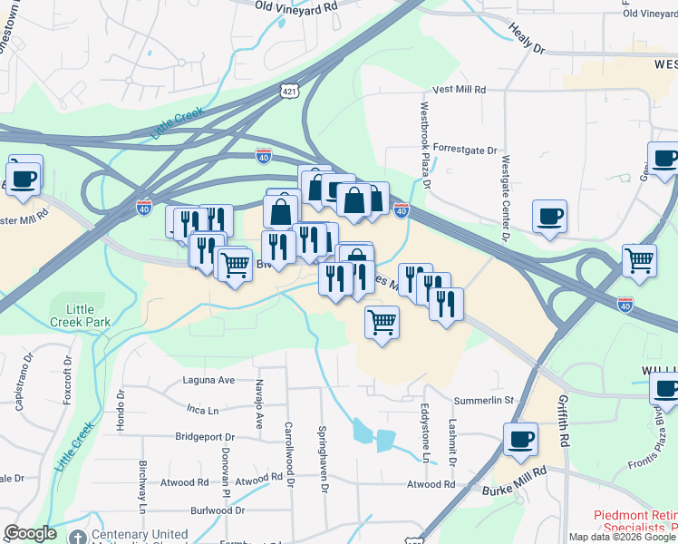 map of restaurants, bars, coffee shops, grocery stores, and more near 140 Hanes Square Shop Circle in Winston-Salem