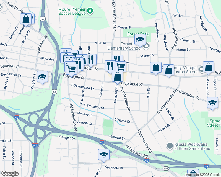 map of restaurants, bars, coffee shops, grocery stores, and more near 829 East Devonshire Street in Winston Salem