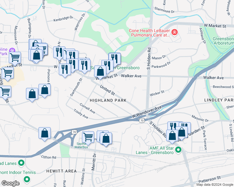 map of restaurants, bars, coffee shops, grocery stores, and more near 4254 United Street in Greensboro