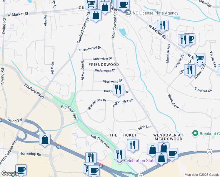 map of restaurants, bars, coffee shops, grocery stores, and more near 5614 Buddingwood Drive in Greensboro