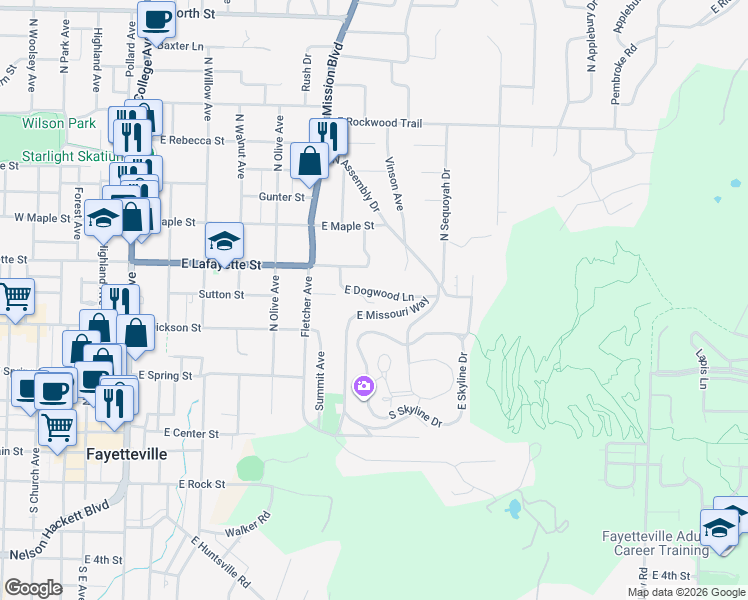 map of restaurants, bars, coffee shops, grocery stores, and more near 817 East Dogwood Lane in Fayetteville