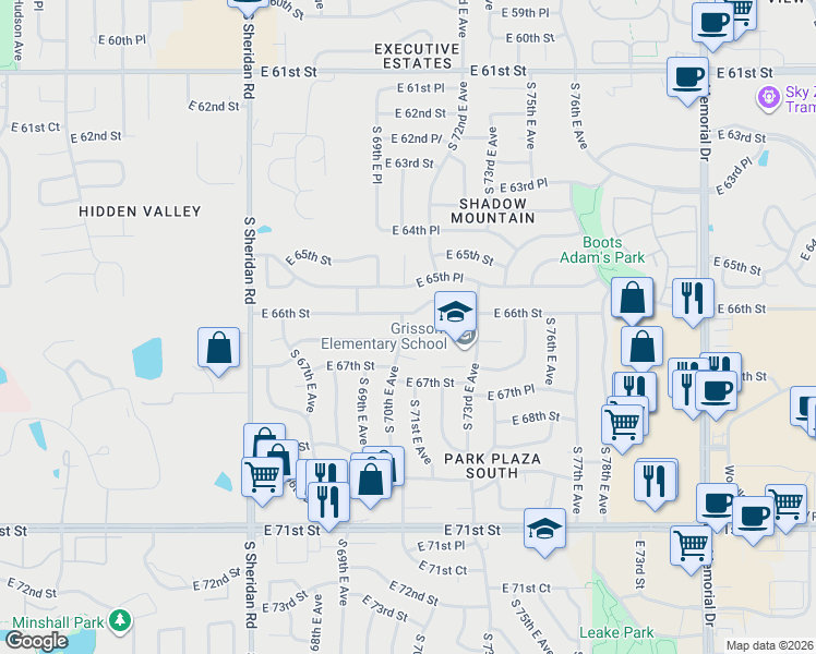 map of restaurants, bars, coffee shops, grocery stores, and more near 6615 South 70th East Avenue in Tulsa