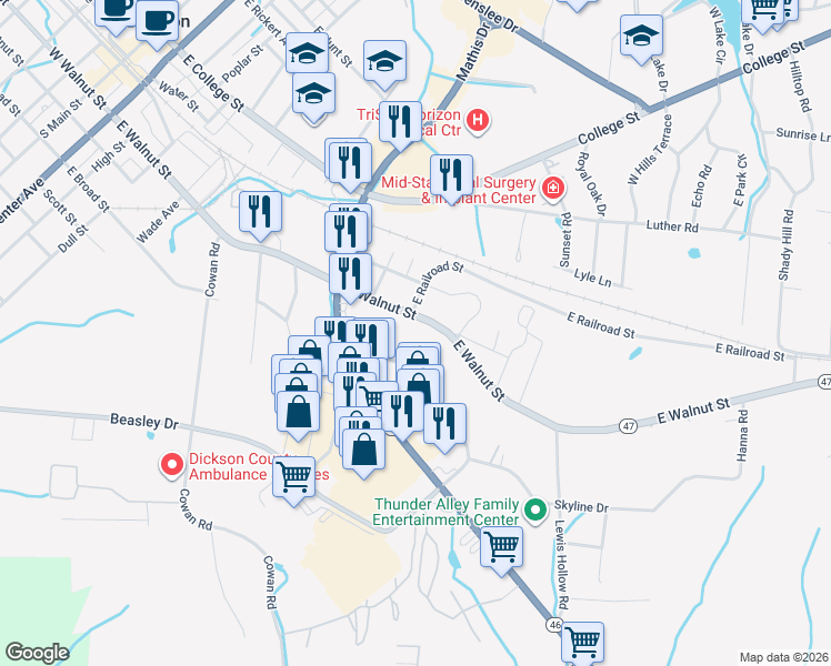 map of restaurants, bars, coffee shops, grocery stores, and more near 1004 Tennessee 47 in Dickson