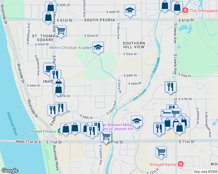 map of restaurants, bars, coffee shops, grocery stores, and more near 1622 East 66th Street in Tulsa
