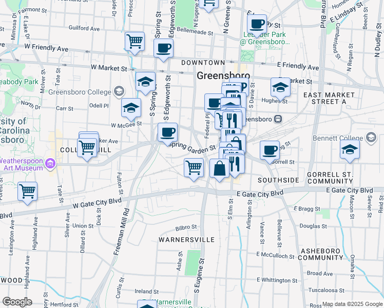 map of restaurants, bars, coffee shops, grocery stores, and more near 313 Spring Garden Street in Greensboro