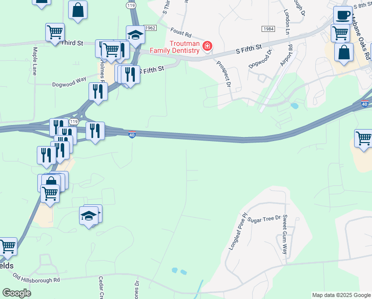 map of restaurants, bars, coffee shops, grocery stores, and more near 1151 Holmes Lane in Mebane