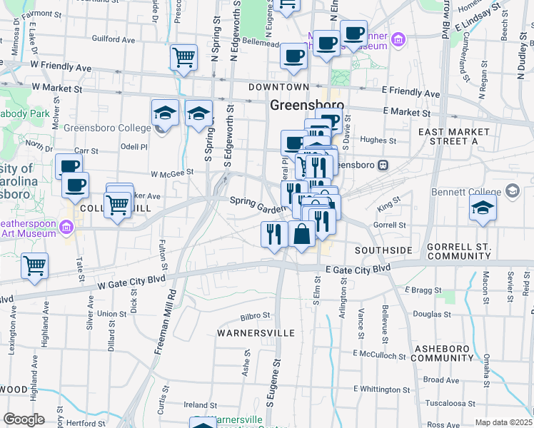 map of restaurants, bars, coffee shops, grocery stores, and more near 313 Spring Garden Street in Greensboro