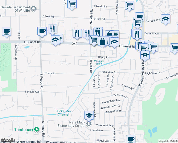 map of restaurants, bars, coffee shops, grocery stores, and more near 3784 East Pama Lane in Las Vegas
