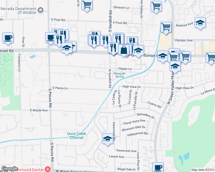 map of restaurants, bars, coffee shops, grocery stores, and more near 3784 East Pama Lane in Las Vegas