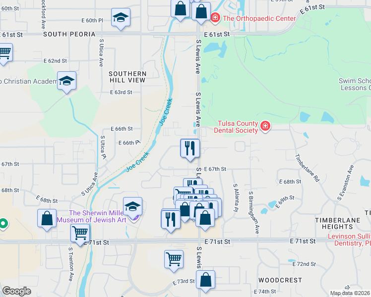 map of restaurants, bars, coffee shops, grocery stores, and more near 2220 East 66th Place in Tulsa