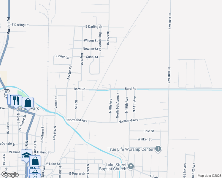map of restaurants, bars, coffee shops, grocery stores, and more near 703-947 Bard Road in Paragould