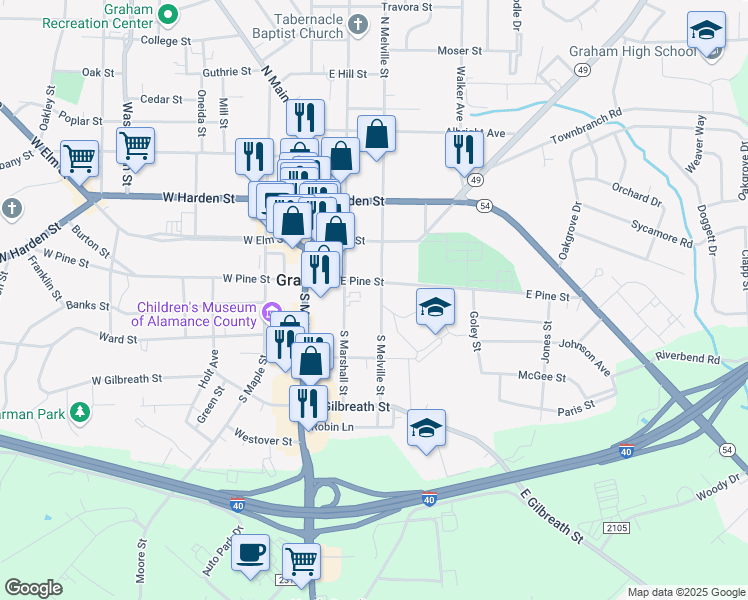 map of restaurants, bars, coffee shops, grocery stores, and more near 207 South Melville Street in Graham