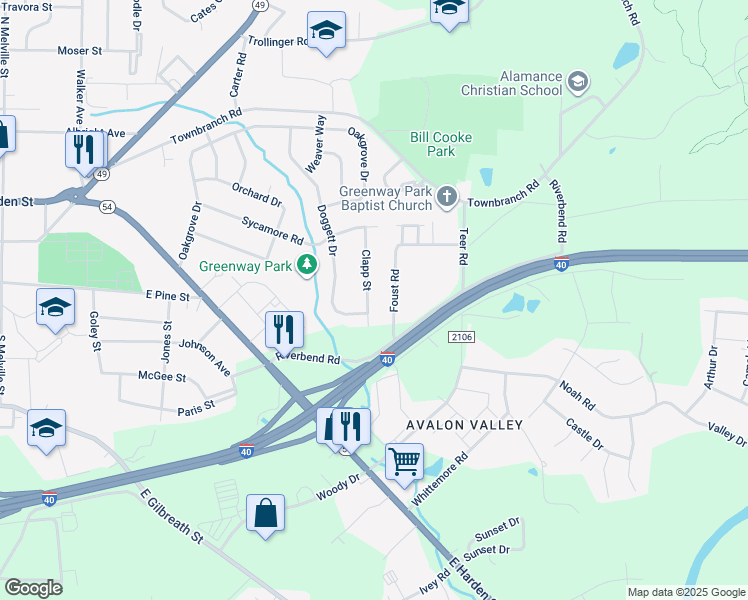 map of restaurants, bars, coffee shops, grocery stores, and more near 305 Clapp Street in Graham