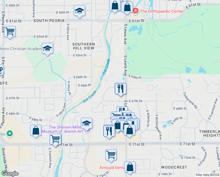 map of restaurants, bars, coffee shops, grocery stores, and more near 2211 East 66th Place in Tulsa