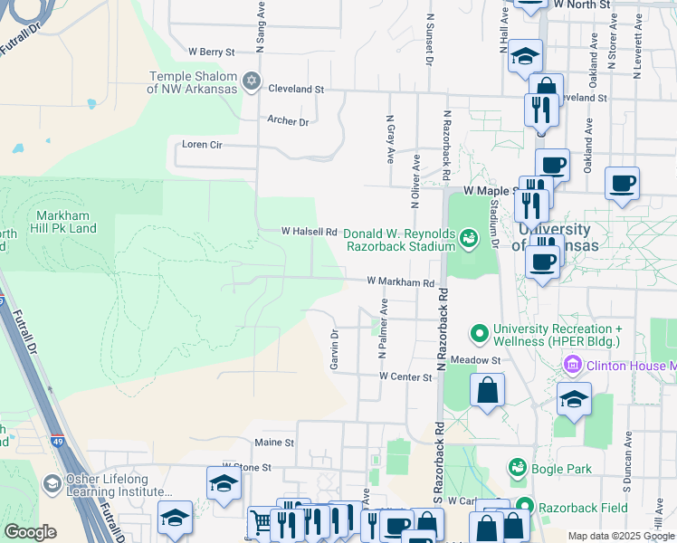 map of restaurants, bars, coffee shops, grocery stores, and more near 1738 West Markham Road in Fayetteville