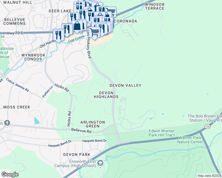 map of restaurants, bars, coffee shops, grocery stores, and more near 704 Devon Way Court in Nashville