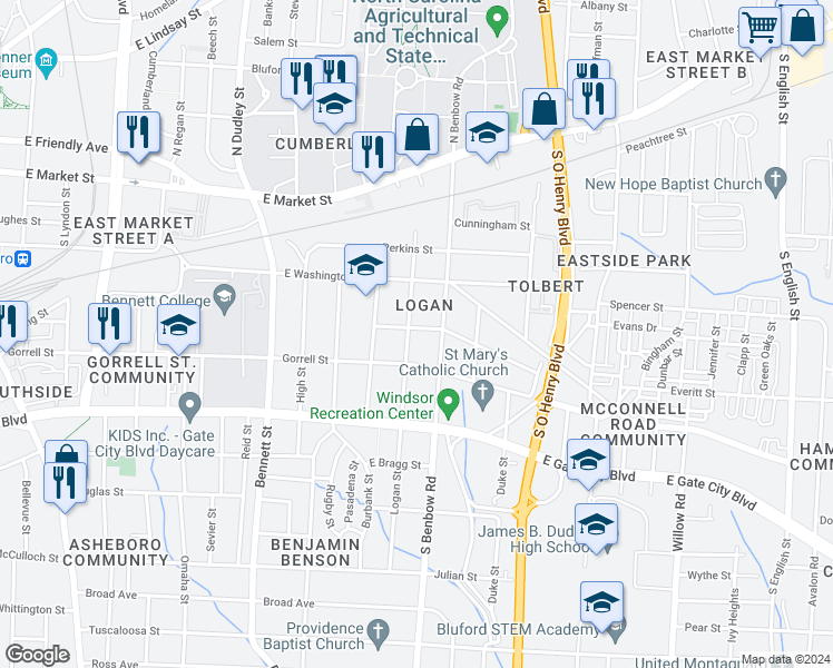 map of restaurants, bars, coffee shops, grocery stores, and more near 1302 Sloan Street in Greensboro