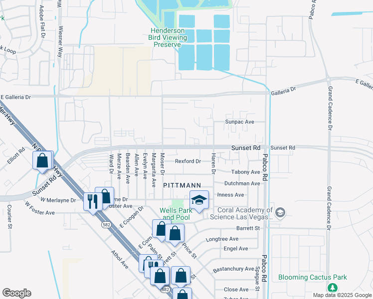 map of restaurants, bars, coffee shops, grocery stores, and more near 440 East Sunset Road in Henderson