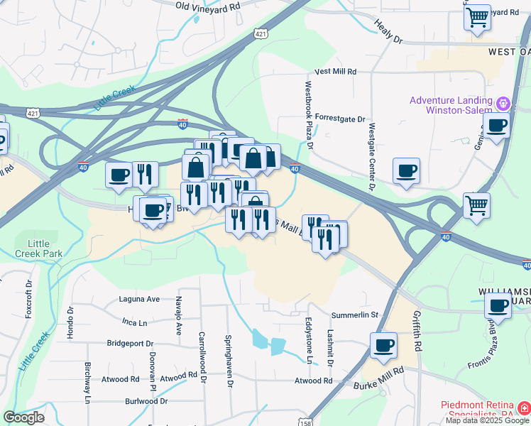 map of restaurants, bars, coffee shops, grocery stores, and more near Hanes Mall Boulevard in Winston-Salem