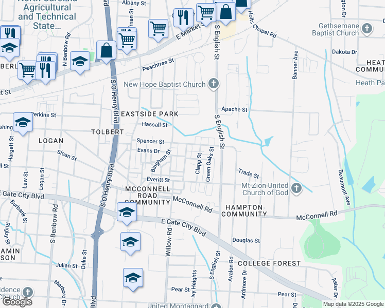 map of restaurants, bars, coffee shops, grocery stores, and more near 2104 John Tarpley Lane in Greensboro