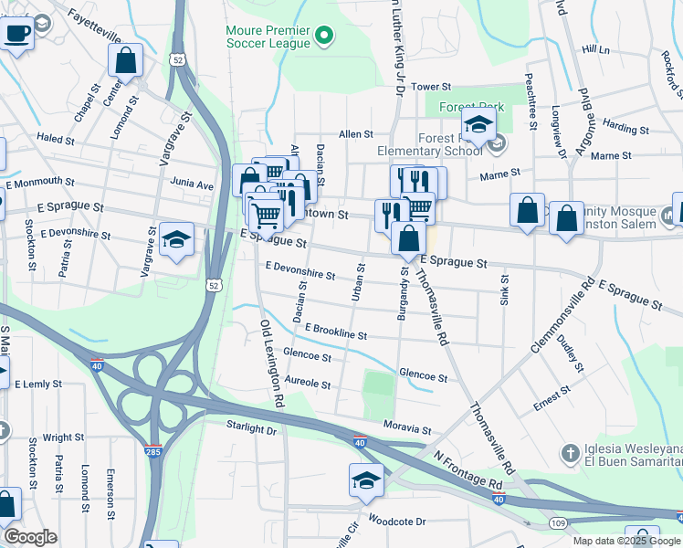 map of restaurants, bars, coffee shops, grocery stores, and more near 735 East Devonshire Street in Winston-Salem