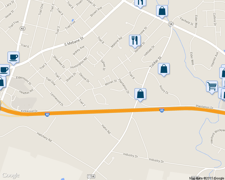 map of restaurants, bars, coffee shops, grocery stores, and more near 2404 Ashton Park Lane in Burlington