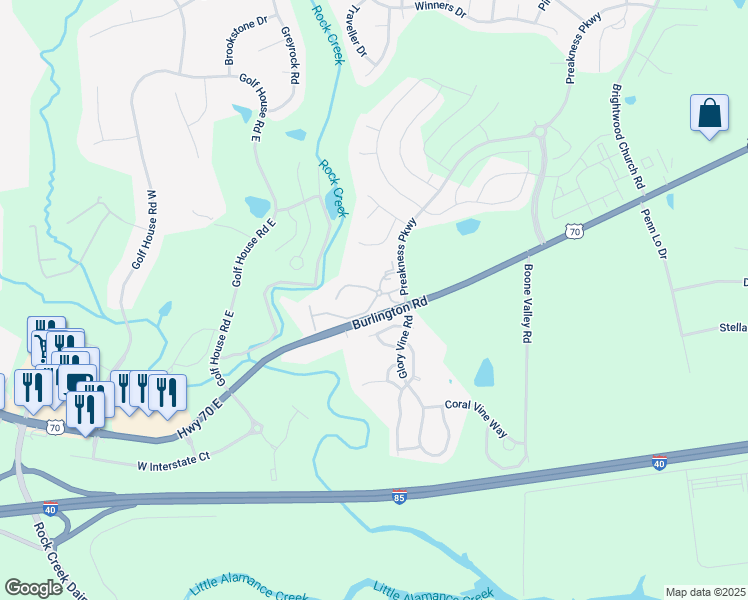 map of restaurants, bars, coffee shops, grocery stores, and more near 6783 Leaf Crest Drive in Whitsett