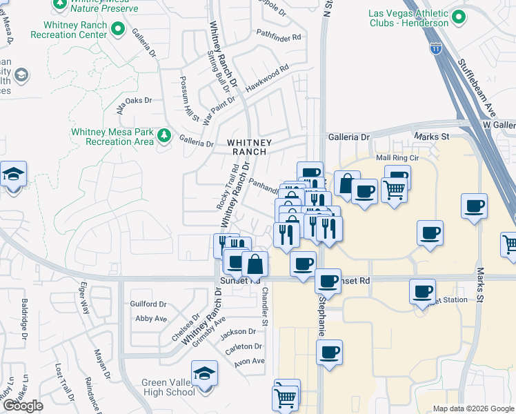 map of restaurants, bars, coffee shops, grocery stores, and more near 740 Tenderfoot Circle in Henderson