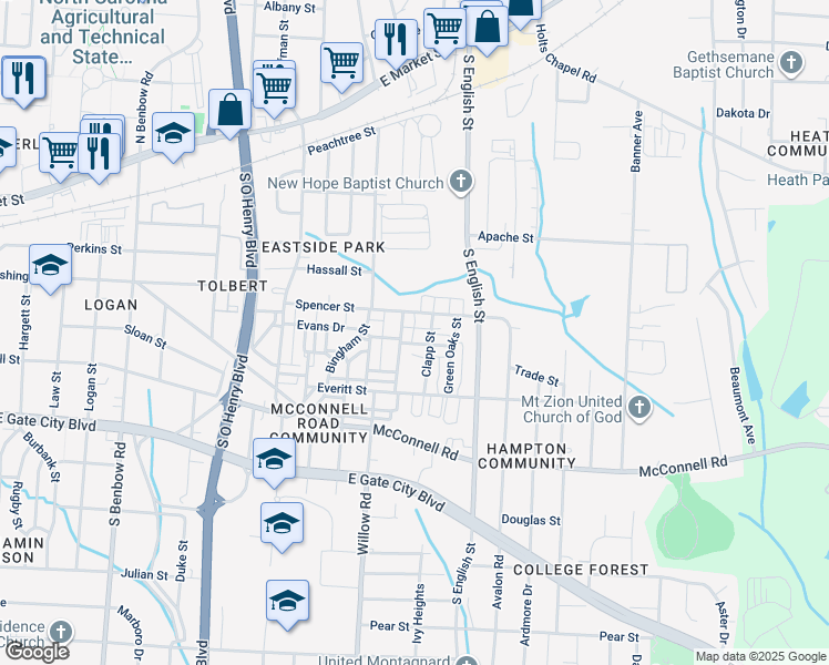 map of restaurants, bars, coffee shops, grocery stores, and more near 2104 John Tarpley Lane in Greensboro