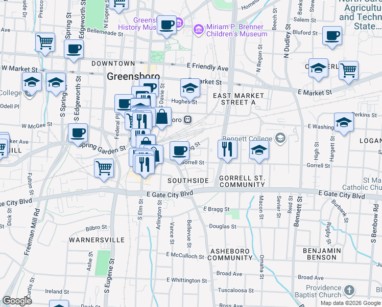 map of restaurants, bars, coffee shops, grocery stores, and more near 308 Victor Place in Greensboro