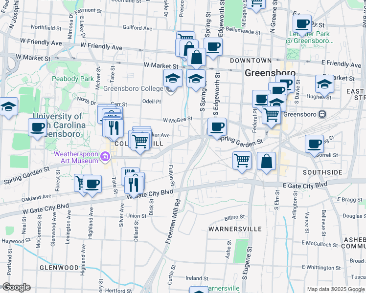 map of restaurants, bars, coffee shops, grocery stores, and more near in Greensboro
