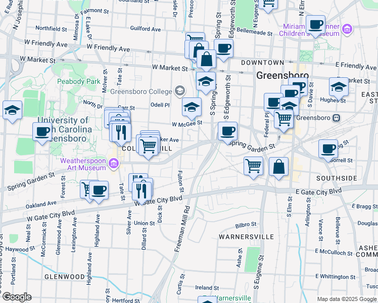 map of restaurants, bars, coffee shops, grocery stores, and more near 608 Spring Garden Street in Greensboro