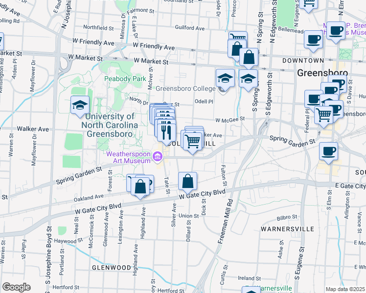 map of restaurants, bars, coffee shops, grocery stores, and more near 14 Springdale Court in Greensboro