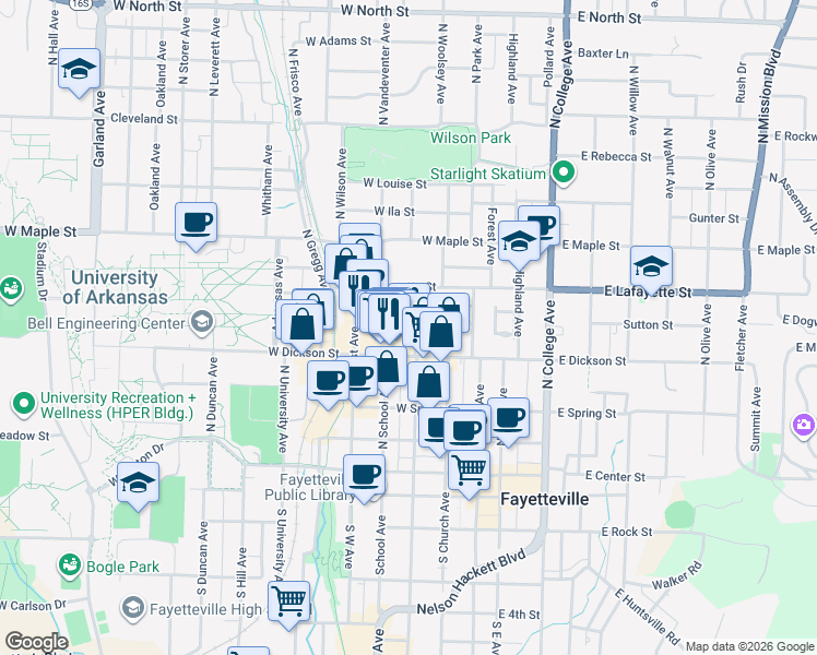 map of restaurants, bars, coffee shops, grocery stores, and more near 331 West Watson Street in Fayetteville