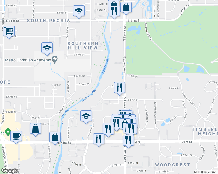map of restaurants, bars, coffee shops, grocery stores, and more near 2211 East 66th Place in Tulsa