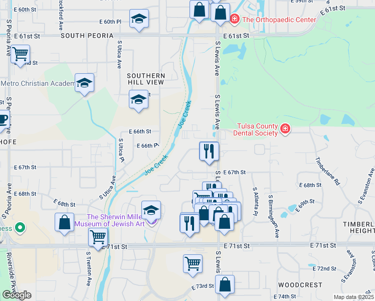 map of restaurants, bars, coffee shops, grocery stores, and more near 6620 South Zunis Avenue in Tulsa