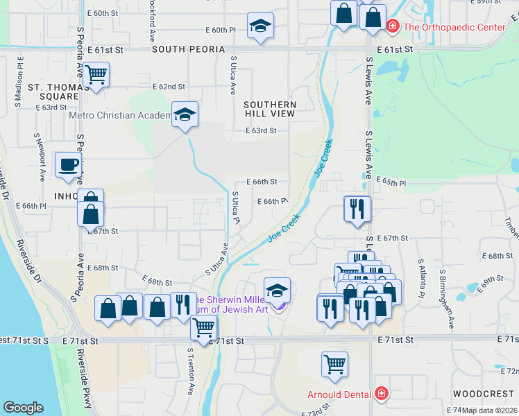 map of restaurants, bars, coffee shops, grocery stores, and more near 1808d East 66th Place in Tulsa