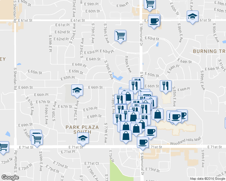 map of restaurants, bars, coffee shops, grocery stores, and more near 6613 South 78th East Avenue in Tulsa