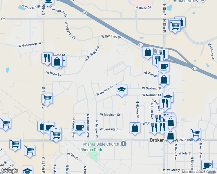 map of restaurants, bars, coffee shops, grocery stores, and more near 1000 North Ironwood Avenue in Broken Arrow