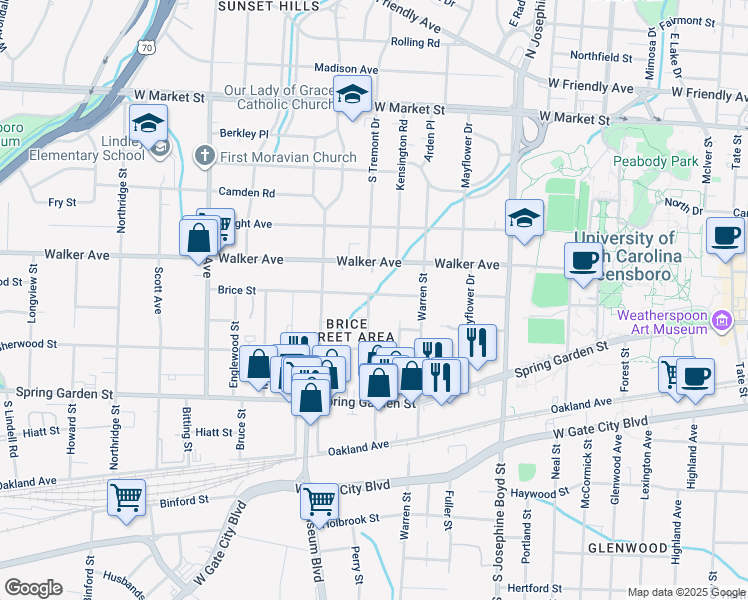 map of restaurants, bars, coffee shops, grocery stores, and more near 601 Granite Street in Greensboro